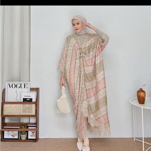 Beige & Olive Batik Kaftan Dress